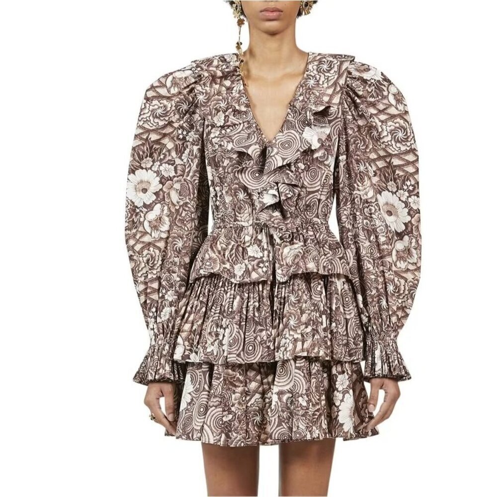 ULLA JOHNSON Lola Floral-print Mini Dress In‎ Teak, Size 2, New with tag,